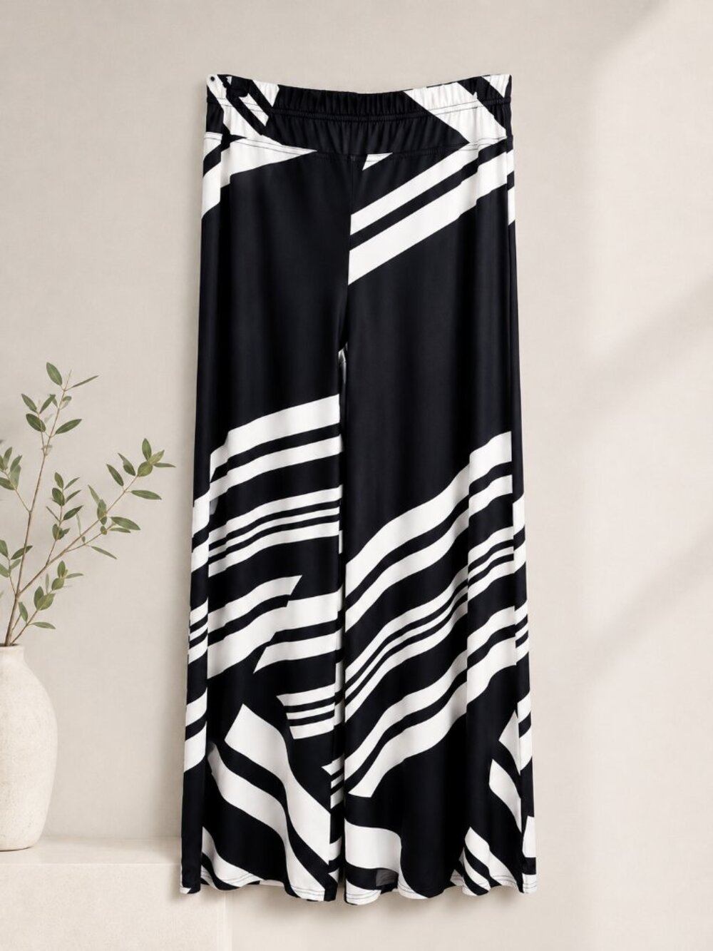 NEW! Lily by Firminiana Black White Abstract Stripe Wide Leg Palazzo Pants - 1X - Picture 2 of 8